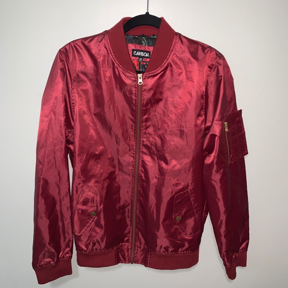 Carbon Mens Metallic Burgundy Red Bomber Jacket Floral Lining Size M